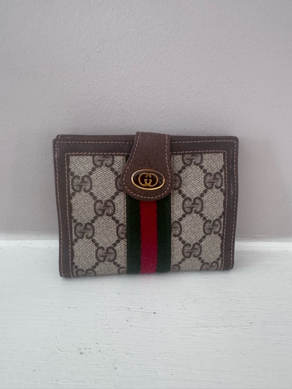 Authentic Gucci Brown GG Canvas Wallet with Green and Red Web Stripe
